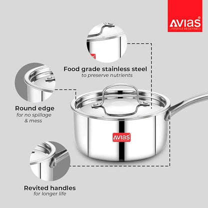 Avias Riara Triply Saucepan with Lid 14cm Stainless Steel Sauce Pan Triply Tea Pan 2.5 mm Thickness