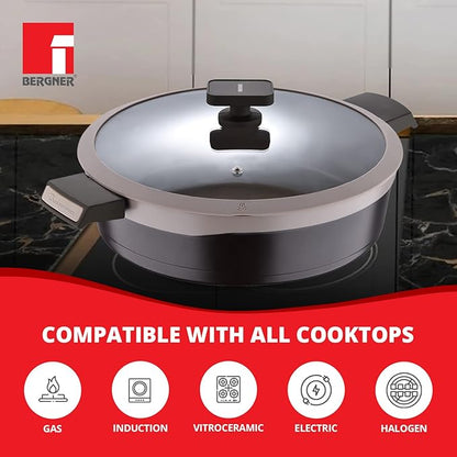 Bergner Gastro Non-stick Kadai With Glass Lid 30cm | Induction Base & Ergonomic Soft Touch Handles