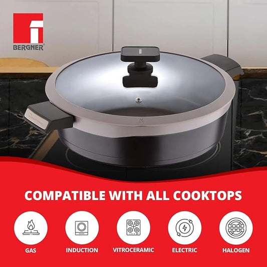 Bergner Gastro Non-stick Kadai With Glass Lid 30cm | Induction Base & Ergonomic Soft Touch Handles