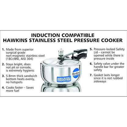 Hawkins 3 Litre Inner Lid Pressure Cooker Stainless Steel Cooker Wide Design Induction Cooker Silver