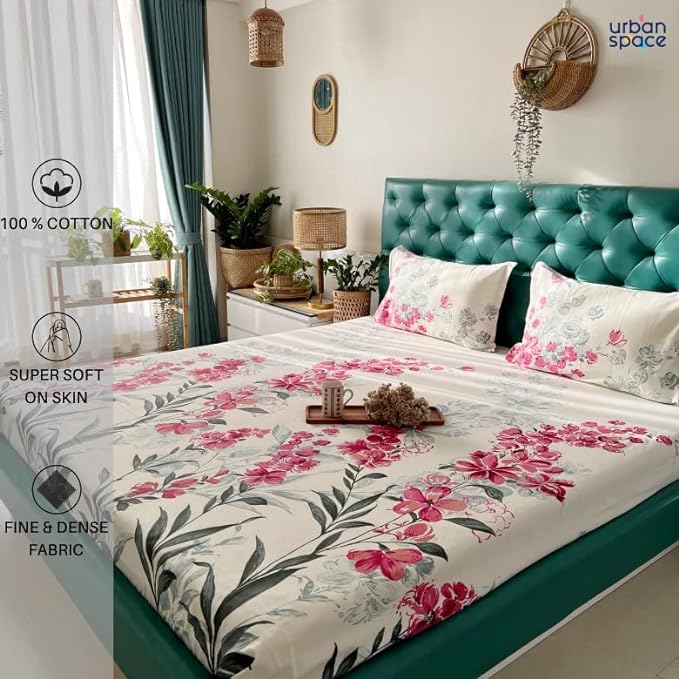 Urban Space Cotton Bedsheet for Double Bed 2 Pillow Cover 88 x 100 inches (Colour Majestic Pink)