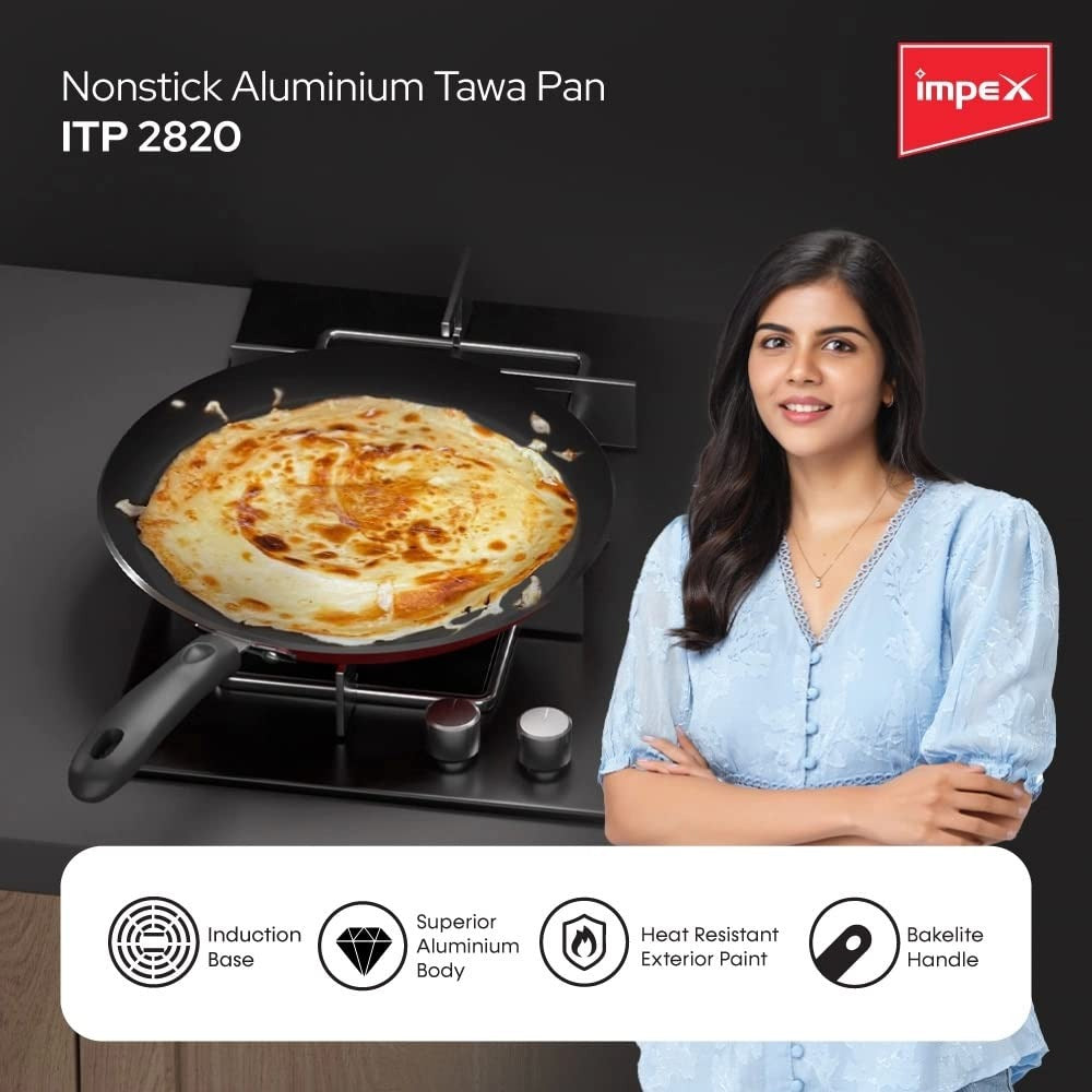 Impex ITP-2820 Induction Base Non-Stick Aluminium Tawa Pan 28cm Maroon