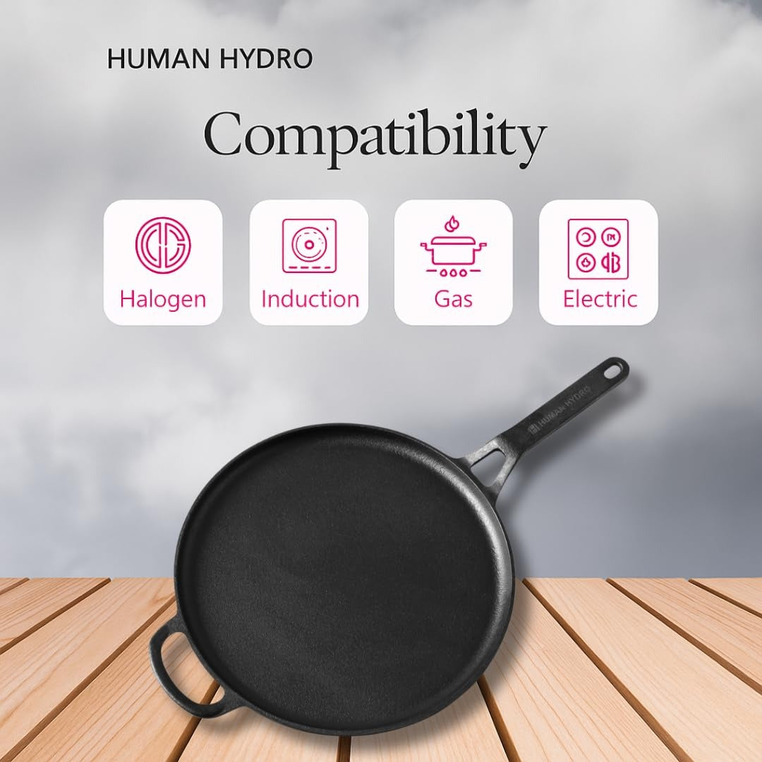 Human Hydro 28cm Cast Iron Tawa with Single Handle Flat Feather-Light Pre-Seasoned Daily Cooking