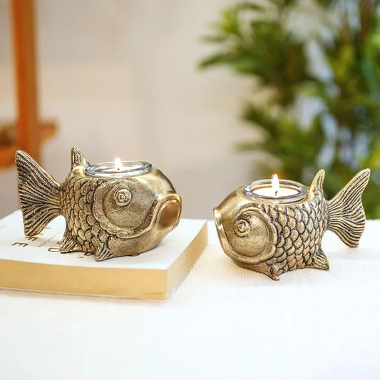 BEHOMA Metal Fish Aluminum Figurine with Votive Good Luck and Success | Candle Holder for Home Decor Tabletop Living Room | Showpiece for Valentine's Day, Birthday, Gold