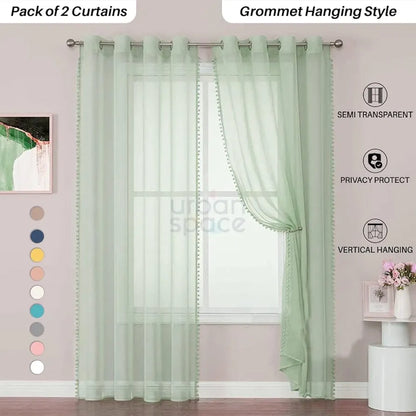 Urban Space Linen Textured Sheer Curtain for Door Room Darkening, Decorative Curtains Hanging Style Set of 2 Curtains Mint Green with pom pom
