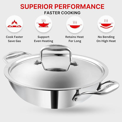 Vinod Platinum Triply Stainless Steel Cookware Kadai with Lid - 1.8 litre, 22 cm / 2.5 mm Thick