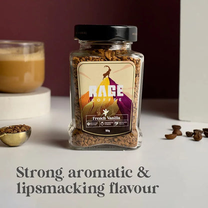 RAGE COFFEE Instant Coffee French Vanilla With 100% Arabica Beans Infused With Plant Based Vitamins| Hot & Cold Coffee | Strong Aroma With Rich Taste - Bottle, 50 Gram