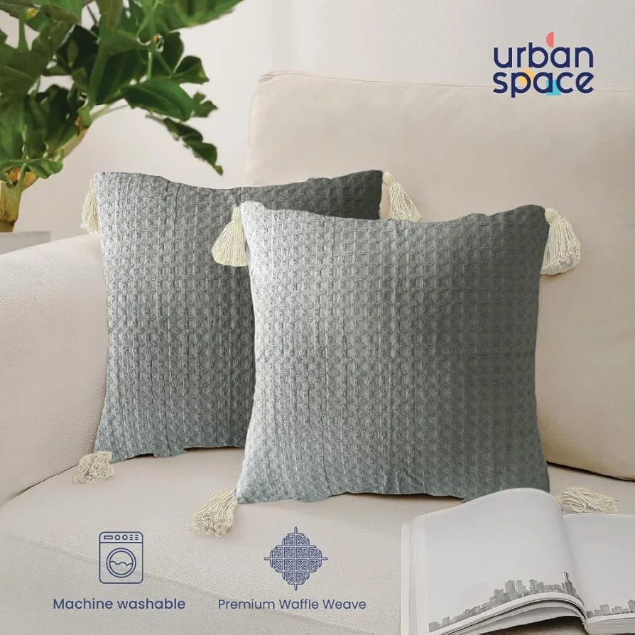 Urban Space Waffle Cotton Cushion Cover Set of 2 Cushion Covers for Sofa, Bedroom, Living Room Waffle Cool Grey