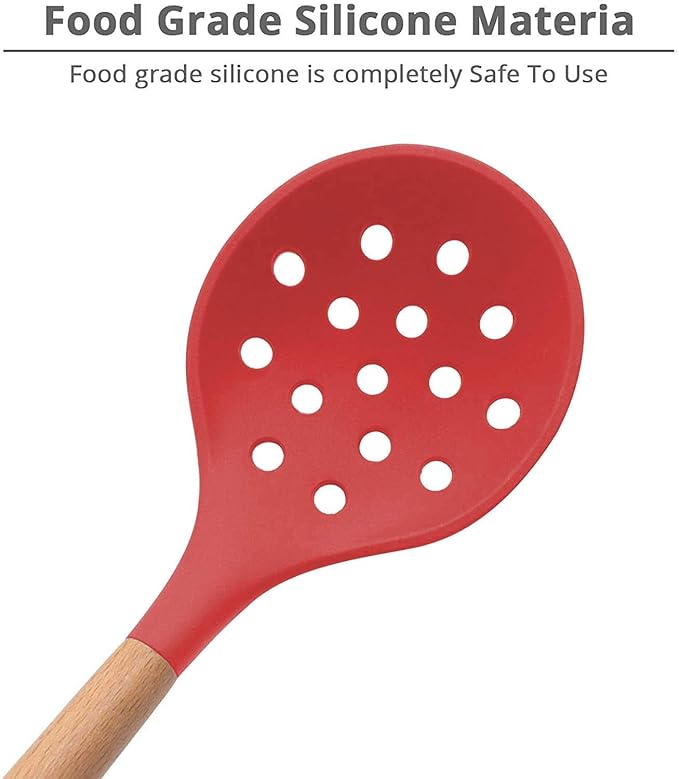 Woodtula Kitchen Silicone Slotted Skimmer with Good Grips Ergonomics Kitchen Cooking Baking Red