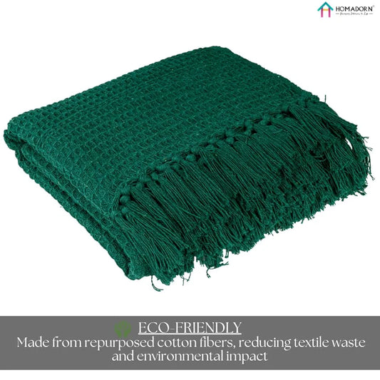 Homadorn Waffle Weave Cotton Throw Blanket Colour Bottle Green