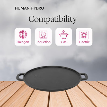 Human Hydro Pre-Seasoned Cast Iron Double Handle Dosa Tawa 30cm with Wooden Spatula Induction Gas