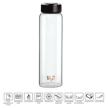 Cello H2o Borosilicate Glass Water Bottle | 1000ml | Black