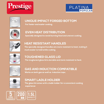 Prestige SS Platina Popular Kadai, 200 mm (Stainless Steel, Silver)
