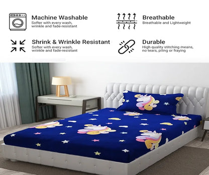 Fresh From Loom Glace Cotton Bed Sheet Cartoon Printed Single Bedsheet Size for Kids with 2 Pillow Cover 144 TC Dinosaur Blue