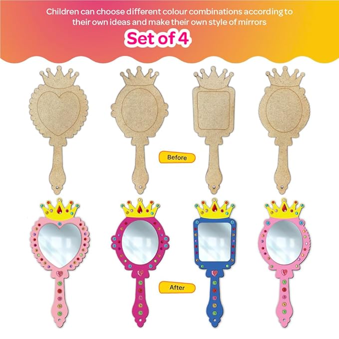 Mini Leaves Creative Me Wooden Mirror Diy Art and Craft Paint Kit for Kids 6+ Years | Decorate Your Own Princess Mirrors | Set of 4