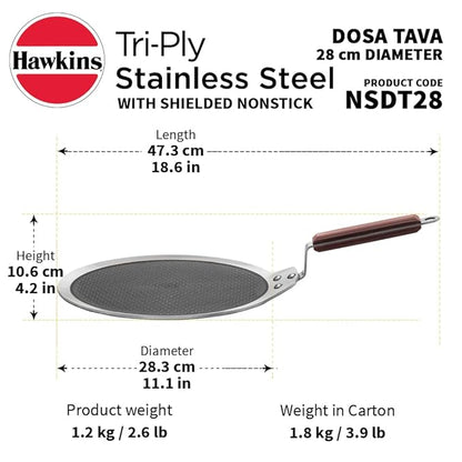 Hawkins 28 cm Dosa Tava,Triply Stainless Steel Shielded Nonstick Tawa
