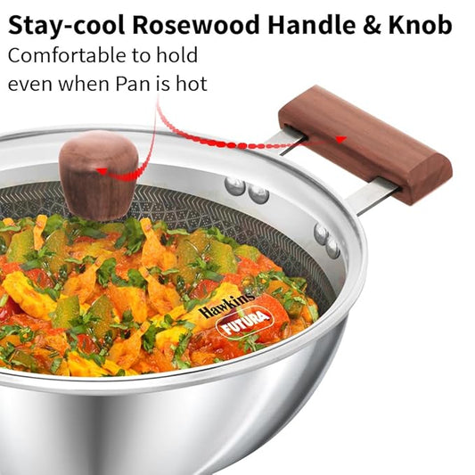 Hawkins 2.5 litre Deep Kadhai Triply Stainless Steel Shielded Nonstick Deep-Fry Pan with Rosewood Handle
