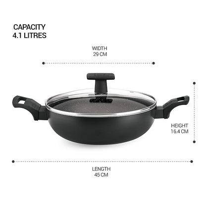 Milton Pro Cook Granito Induction Kadhai With Glass Lid, 28 Cm / 4.1 Litre, Black - 1820 gms