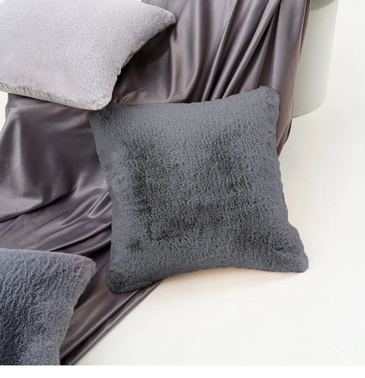 Luxe Home Cushion Cover One Side Rabbit Fur Plain Design Covers Set of 2 Colour Grey
