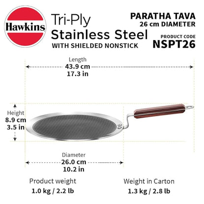 Hawkins 26 cm Paratha Tava Triply Stainless Steel Shielded Nonstick Tawa
