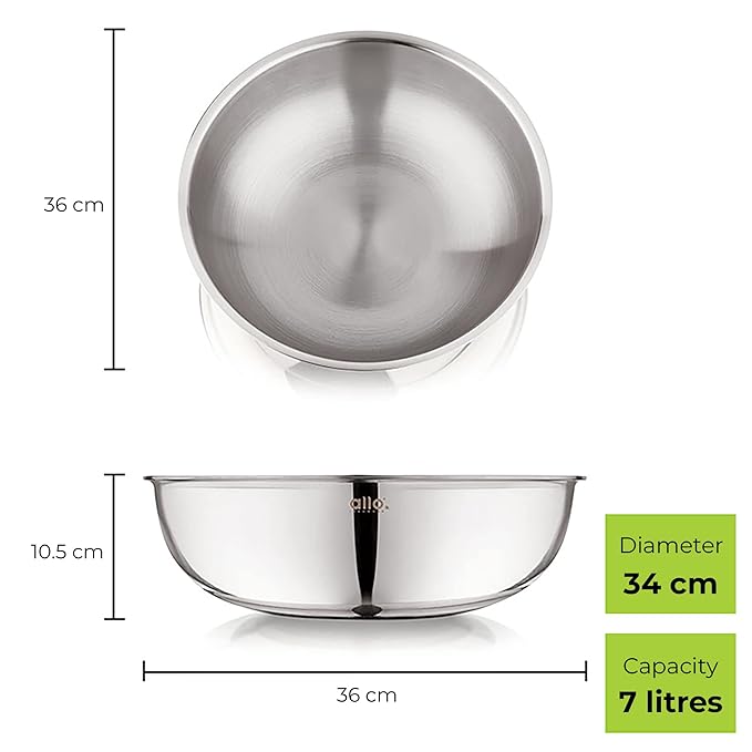 Allo Triply Stainless Steel Tasla Ideal Tasla for Curry Stir-Fry Deep-Fry Kadhai 34cm 7.5 litres