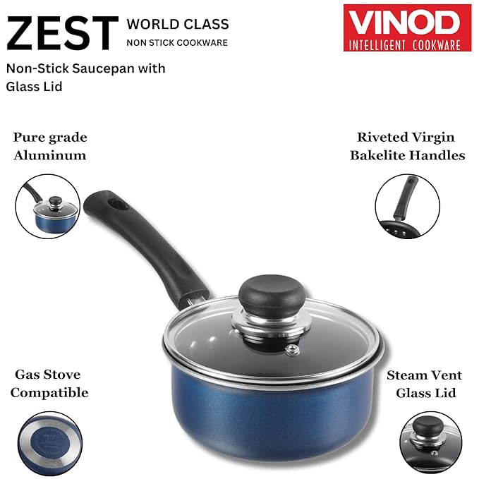 Vinod Zest Aluminium Non Stick Saucepan With Glass Lid - 1.4 Litres | 14cm | Milk/tea Pan | Sauce Pot With Lid | 3mm Thick | 3 Layer Coating
