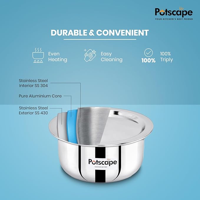 Potscape Triply Cooking Pot with Lid 20 cm 3.15 Ltr Even Heat Distribution