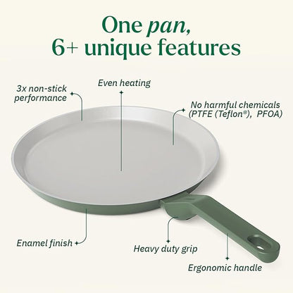 Ember Cookware Arcilla Ceramic Non Stick Dosa Tawa 28cm | Matching Handle | Florence Series | Green