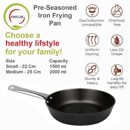 Amicus Pre Seasoned Iron Frying Pan for Cooking Deepfry Stirfry Frypan Nonstick 22 Cm 1.5 Litre