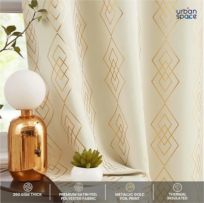 Urban Space Blackout Curtains for Living Room, Gold Foil Printed Luxurious Blackout Decorative Curtains 1 Piece Diamond Beige