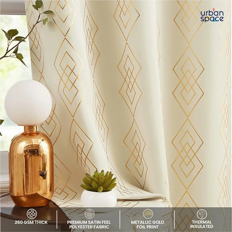 Urban Space Blackout Curtains for Living Room, Gold Foil Printed Luxurious Blackout Decorative Curtains Eyelet with Tieback, 1 Piece Diamond Beige