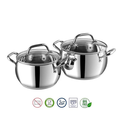 Vinod Stainless Steel 2 Piece Almaty Sauce Pot With Glass Lid | Diameter 14 & 16 Cm | Capacity 1.3 & 2 Litres