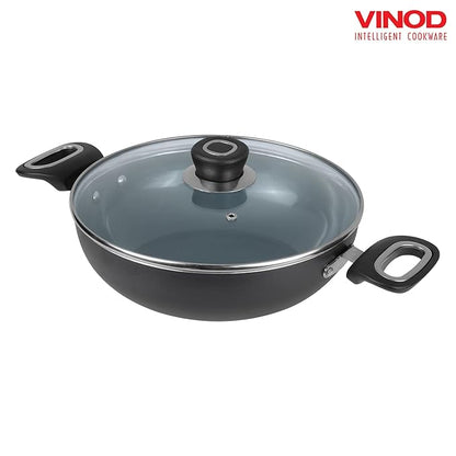 Vinod Zest Ceramica Kadai with Glass Lid - 2.5 Litre (24 cm) | Natural Stick Free Deep Kadhai | Stylish Handle