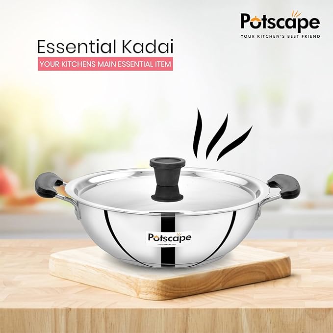 Potscape Essential Stainless Steel Kadai with Lid 20 cm Capacity 1.7 Ltr 22 Gauge