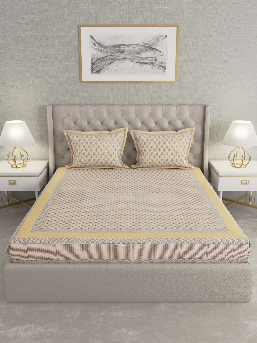 100% Pure Cotton Traditional Printed Bedsheet for Double Bed King Size Bedsheet with 2 Pillow Covers