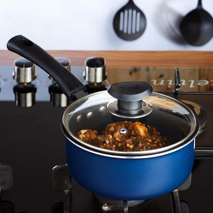 Vinod Zest Aluminium Non Stick Saucepan with Glass Lid - 1.6 Litre, 16cm | Milk/Tea Pan | Sauce Pot with Lid | 3mm Thick | 3 Layer Coating