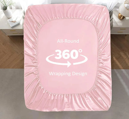 Cloth Fusion Satin Elastic Fitted Bedsheets Double Bed Luxury Queen Size Bed Sheet with 2 Pillow Covers Baby Pink