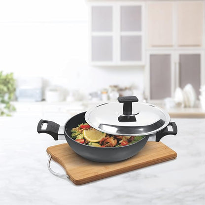 Milton Pro Cook Hard Anodized Kadhai With Stainless Steel Lid, 24 Cm / 2.8 Litre - 1255 gms