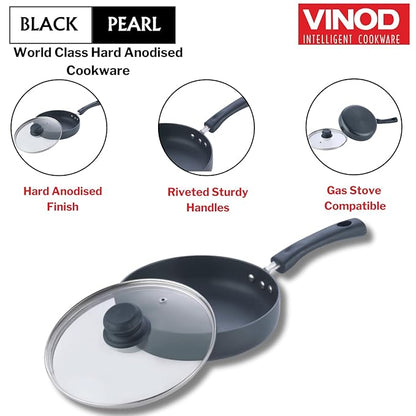 Vinod Black Pearl Hard Anodised Deep Frypan with Glass Lid - 1.8 Litres |  22cm | 3.25mm Thick | Skillet Pan