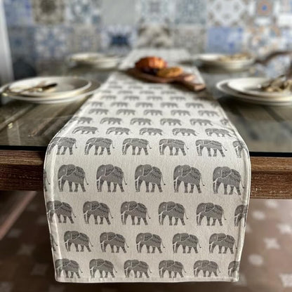 Oak & Lily Premium European Quality Cotton Table Runner Ideal for 4 Seater & 6 Seater Grey Elephant Print