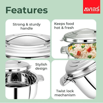 Avias Platina Premium 2500 ml Double Wall Insulated Stainless Steel Casserole Hot Pot for Roti Gravy
