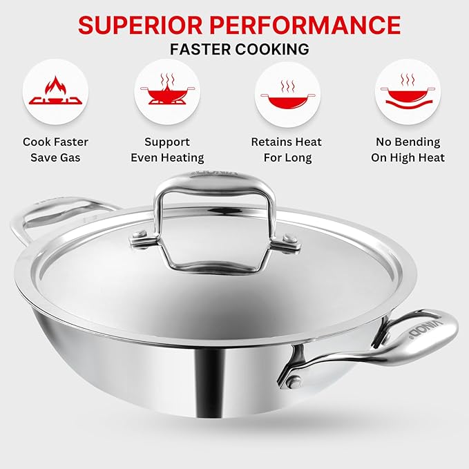 Vinod Platinum Triply Stainless Steel Extra Deep Kadhai With Lid 1.2 Litre | 18 Cm | 2.5mm Thick | Kadai for Cooking