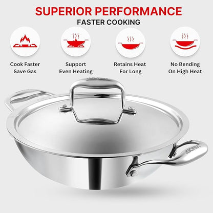 Vinod Platinum Triply Stainless Steel Kadai | 3.2 Litre | 24cm | 2.5mm Thick Extra Deep Kadhai With Lid for Cooking