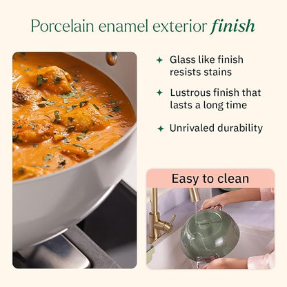 Ember Cookware Arcilla Ceramic Non Stick Kadai 24cm | Glass Lid | Matching Handles | Florencen Series | Grey