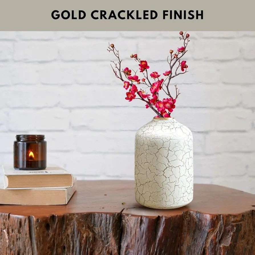 Behoma Metal Flower Vase Off-White Crackled Flowers not Included