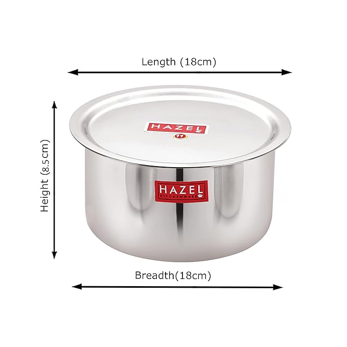 Hazel Stainless Steel Tope Patila with Lid 18 cm 1.4 Litre Capacity Flat Bottom Boiling Vessels Bhagona Dekchi