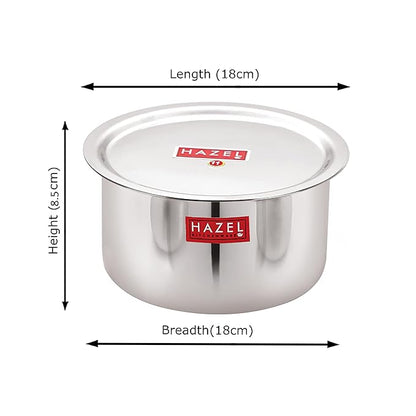 Hazel Stainless Steel Tope Patila with Lid 18 cm 1.4 Litre Capacity Flat Bottom Boiling Vessels Bhagona Dekchi