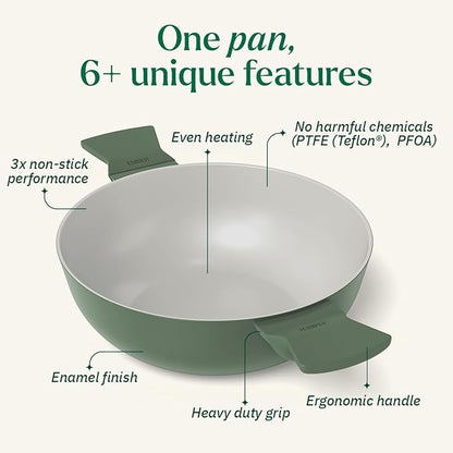 Ember Cookware Arcilla Ceramic Non Stick Kadai 24cm | Glass Lid | Matching Handles | Florence Series | Green