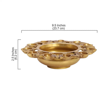 Two Moustaches 9.5 Inches Brass Urli Bowl with Lotus Design 11 Diyas Urli for Flowers