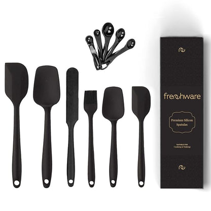 Frenchware Set of 6 + 5 Measuring Tablespoons, Black Colour | Non-stick Silicone Spatulas for Cooking & Baking | Dishwasher Safe